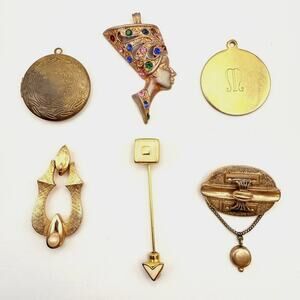 Lot of 6 Vintage Gold Tone Jewelry Egyptian Pendant Locket Brooch Stickpin